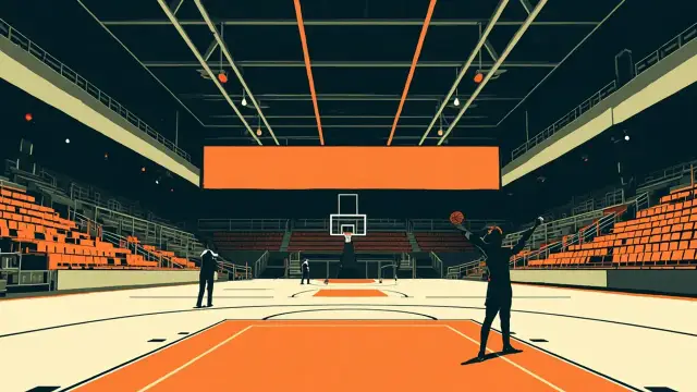 Inside a packed arena seen from under the hoop, a faceless bench silhouette celebrates on the sideline as a glowing scoreboard hangs above the court.