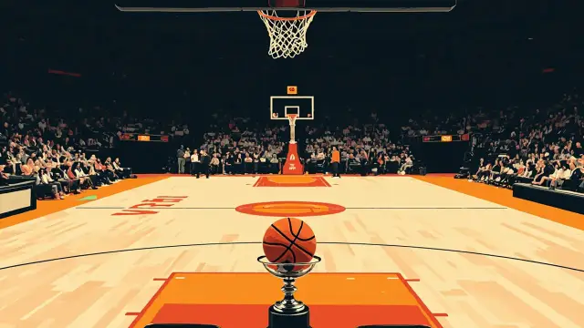 Indoor basketball arena from upper stands, silver trophy and orange basketball dey on scorer table for center court under bright light, banner for far wall.