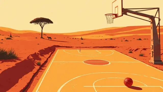 A savanna landscape with a basketball court carved into the red earth, a single ball on the free-throw line, and a lone hoop rising at the edge.
