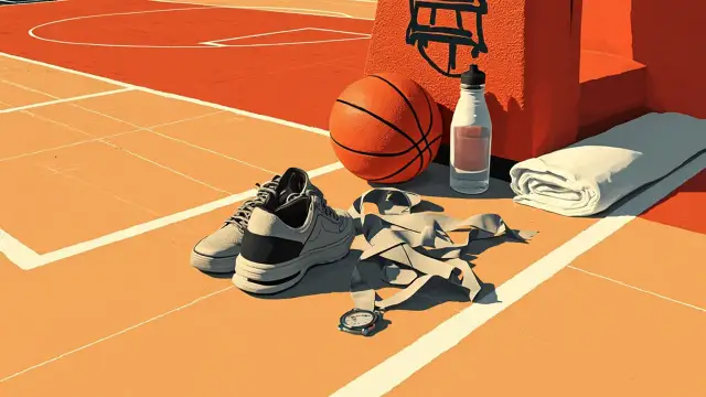 Nature morte sur un parquet : un ballon de basketball à côté d'une serviette pliée, un sac de kit ouvert contenant un maillot, une médaille d'argent et une bouteille d'eau.