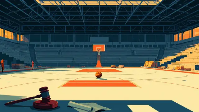 Half-built indoor arena with one basketball on the centre court, scaffolding around, and a gavel on the scorer's table, symbolising a basketball federation election and rebuild.