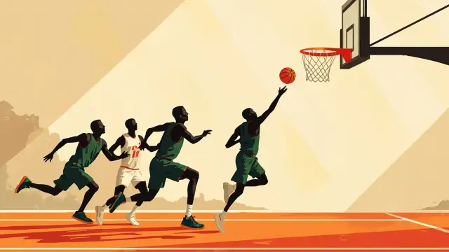 Three flat faceless silhouettes sprint a fast break toward the rim as one lofts a layup, the round basketball in mid-air against the backboard, on a lined hardwood court.