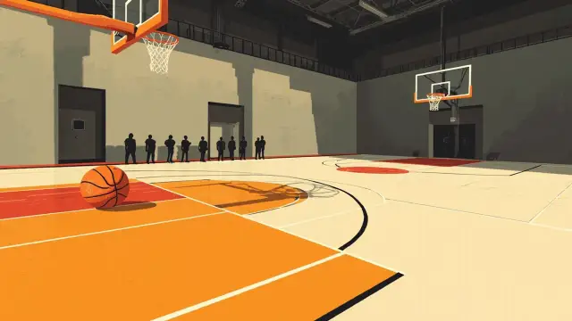 Indoor basketball arena seen from under the hoop, four teams lined up on a glossy court with one ball at center, curved stadium roof above.