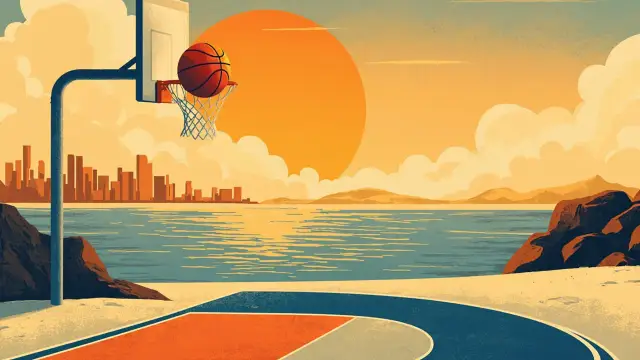 Graphic illustration of a basketball scene
