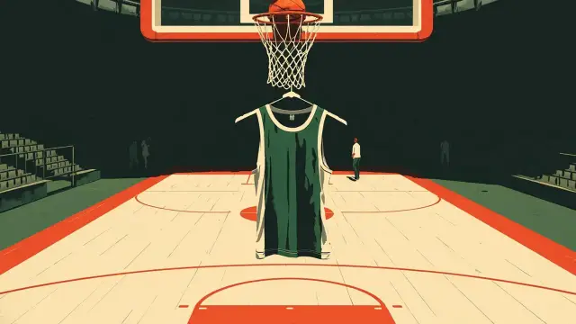 View from behind a basketball backboard inside a full indoor arena, a single ball flying toward the rim above a packed crowd of faceless silhouettes.