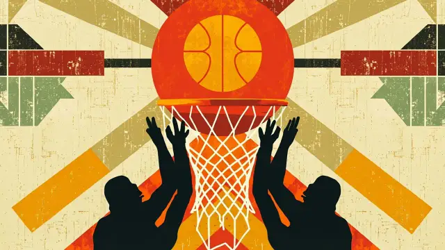 Un trophée géométrique s’élève à travers un panier de basket tandis que des joueurs sans visage célébrent sur un fond coloré à motifs.