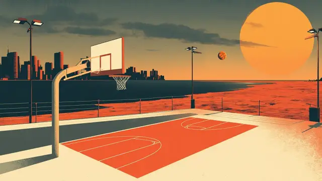 A stylised landscape where a sunlit outdoor basketball court sits along a river beside a coastal skyline fading into savanna, with one ball arcing over the hoop.