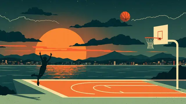 Stylised dusk landscape of a riverfront city with a floodlit half basketball court at the water's edge and a ball rising over the hoop like a sun.