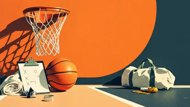 A still life of basketball objects on hardwood: an orange ball, a whistle, a tactics clipboard, a green-white kit bag, a cut net, and gold medals.