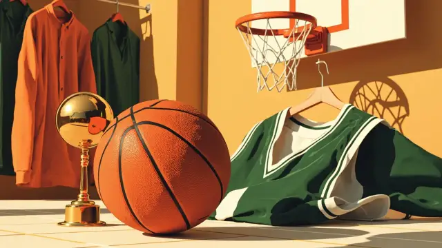 Une nature morte sur un parquet ciré : un ballon de basket orange usé à côté d'un trophée doré de MVP incliné, un maillot vert et blanc sur un cintre, une veste pliée et un panier avec le filet coupé au-dessus.