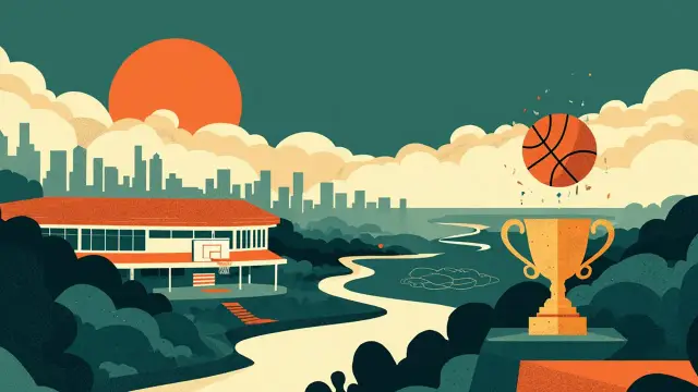 Stylised green-and-white coastal skyline at dusk with a winding river, an arena with court lines and a basketball hoop rising from the bank, one orange ball like a sun, and a trophy silhouette in the 