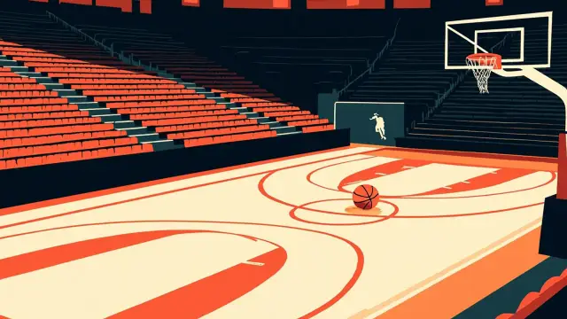 A packed indoor basketball arena viewed from above the hoop, with one ball at centre court and a single empty courtside seat holding a clipboard, evoking mental preparation before a Final Four tip-off