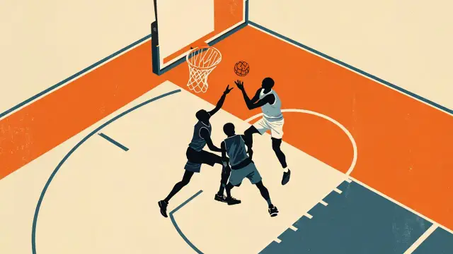 Two faceless player silhouettes for basketball court, one dey drive go lay di ball under di hoop for di championship-winning basket.