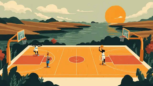 A coastal river landscape at dusk with an outdoor basketball court on the bank, players celebrating under the hoop and a trophy raised, a basketball glowing like a sun on the horizon.