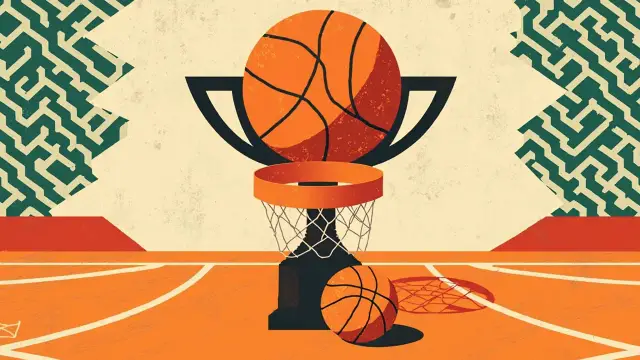 Un grand trophée surmonté d'un ballon de basket traversant un panier et son filet est posé au centre d'un parquet en bois devant un fond à motifs verts et blancs.