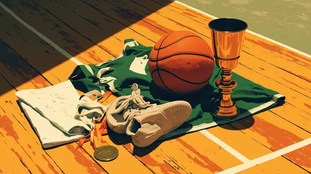 A still life on a polished wooden court: a basketball leans against a gold trophy wrapped in a green-and-white jersey and a medal, with sneakers and a folded towel nearby.