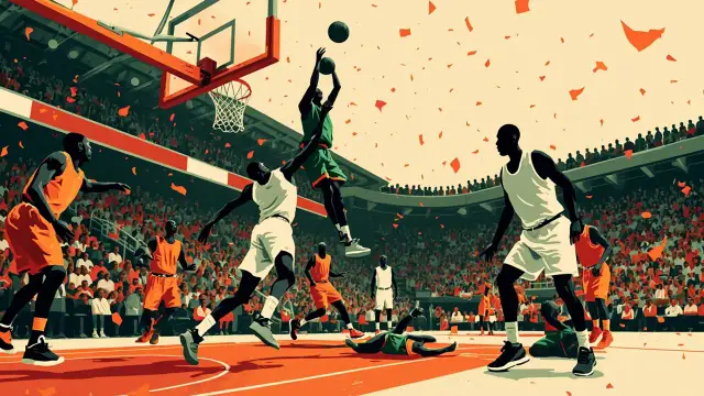 Flat silhouetted players in green and white celebrate at center court of a packed indoor arena, one hoisting a tall gold trophy as confetti rains down and a basketball bounces away.