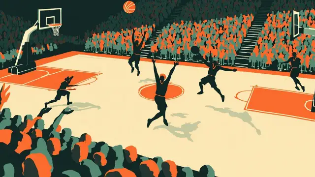 Quatre silhouettes sans visage s'affrontent lors d'un entre-deux au centre du terrain d'une salle comble, avec un ballon de basket, un panier et des tribunes bondées.