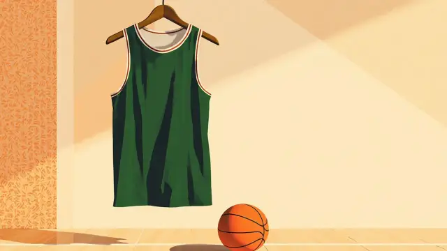 A blank green and white basketball jersey on a hanger against a desert-toned geometric pattern, with a single basketball below it, symbolising a player signing with a new club.