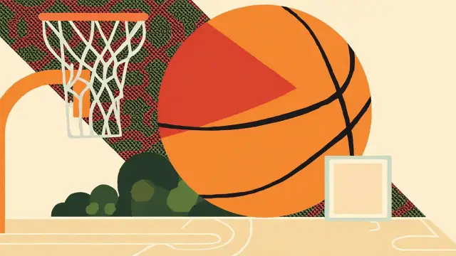Un ballon de basket orange stylisé dont une moitié présente des motifs de textiles africains, placé devant un panier et un filet sur un fond turquoise à motifs.