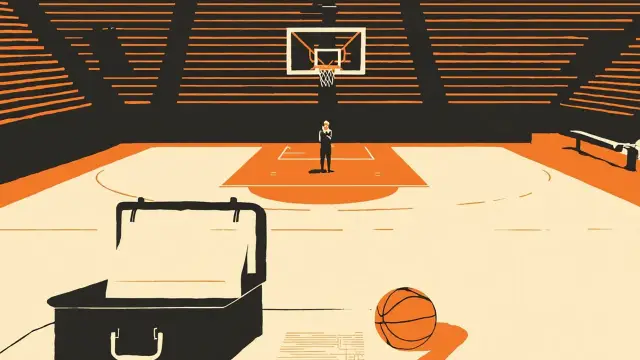 Un terrain de basket intérieur vide vu depuis le panier, avec une mallette ouverte et un ballon posé sur la table de marque, évoquant une décision en attente.