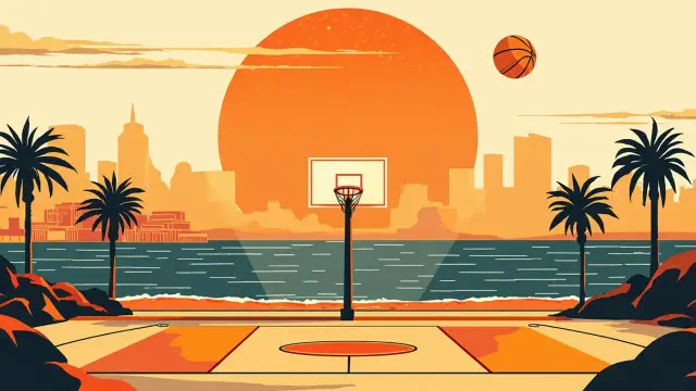 Vue panoramique d'une ville côtière au coucher du soleil avec un terrain de basketball extérieur sur une place au premier plan et un ballon de basket s'élevant au-dessus de l'océan comme un soleil.