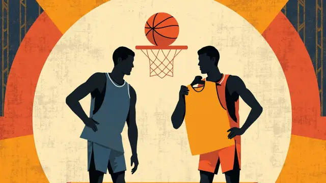 Two faceless players in basketball kits each hold up a blank jersey on a hanger, a single ball and a hoop floating between them over a bold geometric pattern, illustrating a signing.