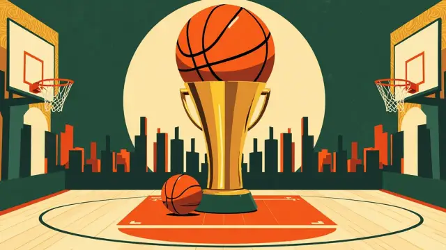 One central basketball trophy wit ball finial dey sit for parquet court, surrounded by three faceless silhouettes and one patterned background wey get green, gold and white.
