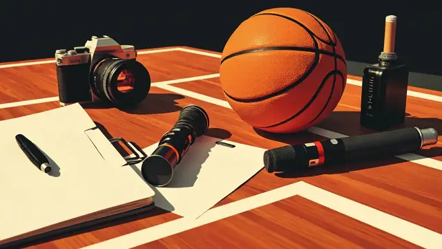 Close-up still life on hardwood: a basketball resting on a press microphone beside an open notebook, camera and audio recorder, suggesting sports media work.
