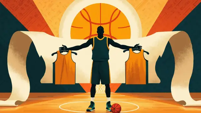 A faceless figure in a green-and-yellow jersey stands calmly on a court beside an open contract scroll, framed by a patterned geometric backdrop and glowing stars.