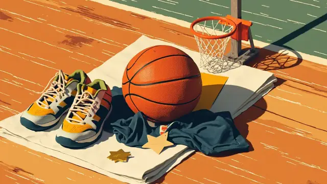 Still life for hardwood court: basketball dey rest ontop towel, between sneakers, gold medal dey ontop jersey wey dem drape, plus tactics clipboard wey get Xs and Os dey lean against hoop.
