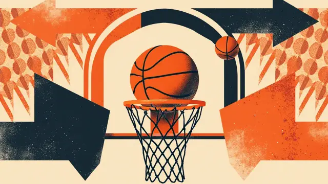 Emblem wey show basketball wey catch inside net, circle wit arrows wey dey loop plus jersey wey hang for hanger, inside background wey get pattern, e dey mean chain of trades.