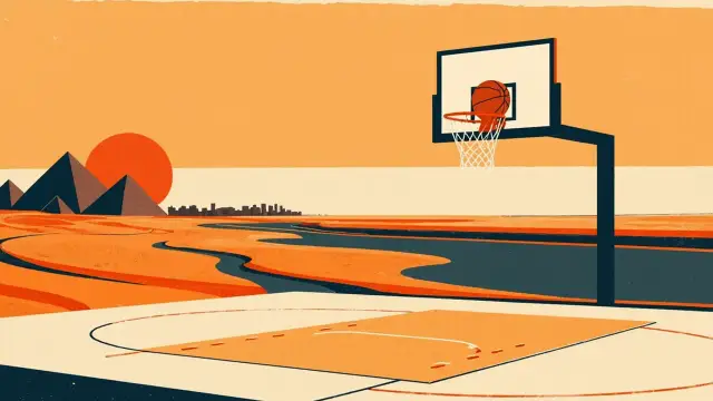 Desert landscape with pyramids, a basketball court laid in the sand, a hoop, and a single orange basketball at sunset.