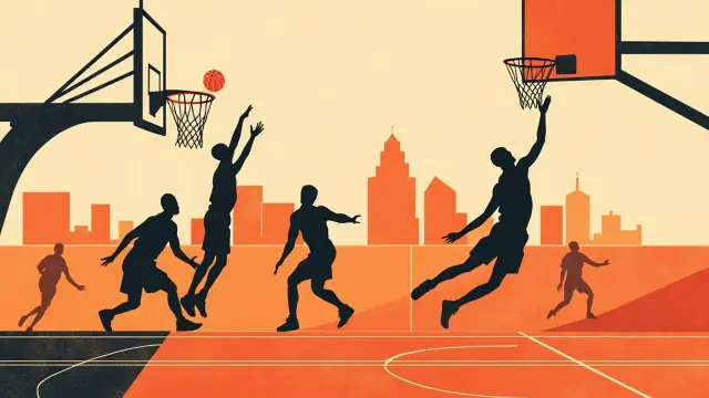 Un joueur silhouetté réalise un dunk au-dessus de trois défenseurs tandis que le ballon traverse le filet au-dessus du parquet marqué.