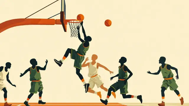 Des joueurs sans visage en vert et blanc terminent un dunk au panier lors d'un match de basket-ball en salle à guichets fermés, le ballon au-dessus du filet qui claque.