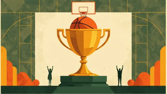 Trophée ya dhahabu inayoshikilia mpira wa kikapu inasimama juu ya jukwaa chini ya pete, imezungukwa na mandhari ya rangi za kijani na dhahabu, pamoja na vivuli viwili vinavyoadhimisha.