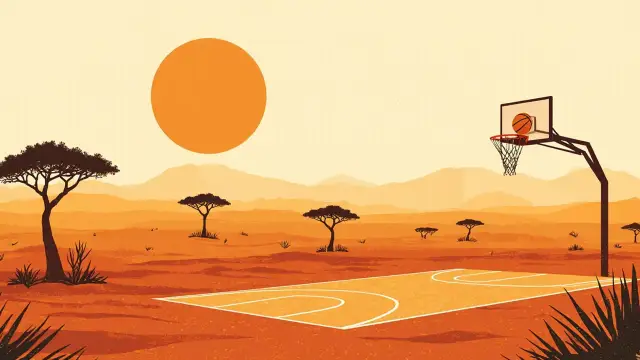 Mandhari ya savana mapambazuko ambapo mpira wa kikapu unaong'aa unainuka kama jua juu ya vivuli vya miti ya miba, na uwanja wa mpira wa kikapu unachanganyika na uwanda chini ya pete moja peke yake.