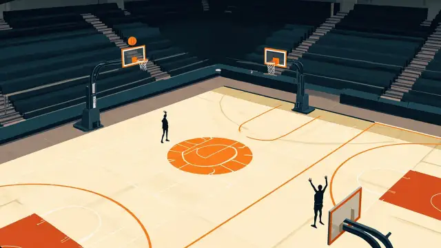 Une vallée désertique au lever du soleil avec un unique terrain de basket en plein air aménagé dans la plaine et un soleil en forme de ballon de basket se levant derrière le panier.