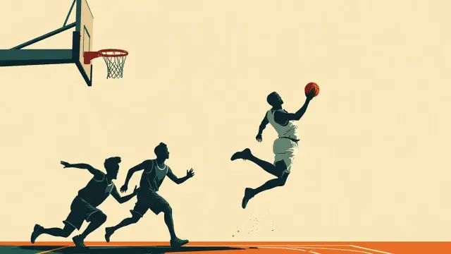 Un joueur de basketball sans visage en blanc dunk sur deux défenseurs sans visage près du panier sur un parquet en bois marqué de lignes.