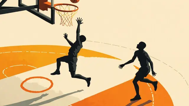 Two faceless silhouettes of contrasting height leap for a basketball under a rim on a visible court, illustrating two players competing for a starting role.