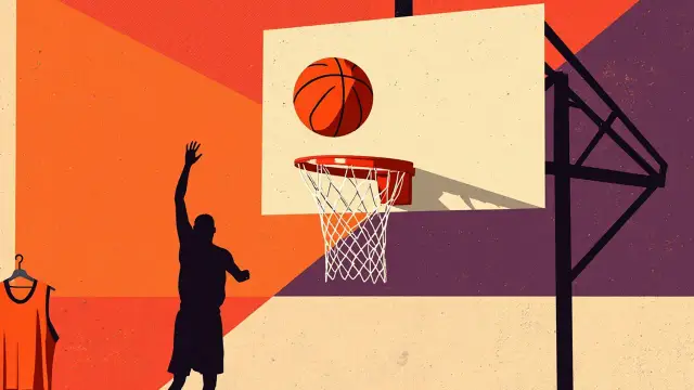 Basketball ball dey fall through net and hoop, while tall faceless silhouette stand beside empty orange jersey wey dey hang, against background wey get pattern.