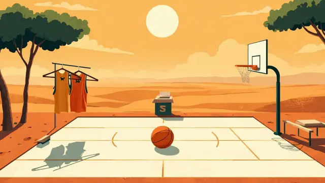 Un paysage de savane africaine baigné de soleil avec, en son centre, un terrain de basketball, un ballon posé sur la ligne de lancer franc, un maillot suspendu à un cintre et une urne sur la table des marqueurs.