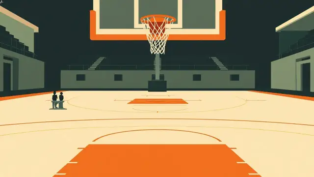 Vue depuis la ligne de fond d'une salle intérieure vide, un ballon de basket flottant au-dessus d'un panier dont le filet est déchiré, lignes du parquet s'étirant vers l'avant, rangées de sièges vides sous une charpente métallique.