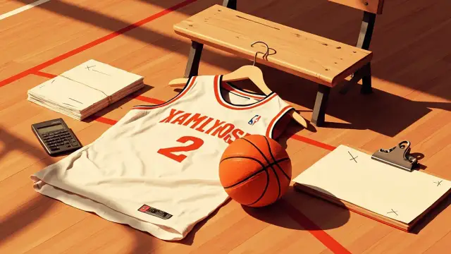 Une nature morte sur le parquet : un nouveau maillot sur un cintre à côté d'un ballon de basket, des contrats en papier empilés et une calculatrice, avec un presse-papiers sur un siège de banc vide.