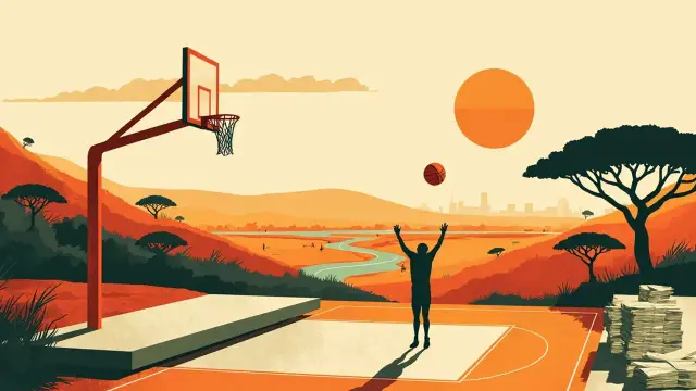 Savanna land for evening wit one basketball court sit ontop ridge, one hoop and ball dey shine like sun ontop bundle of cash notes, as dem dey celebrate women basketball title.