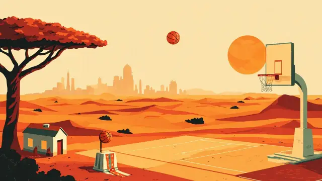 A savanna landscape at sunset with a giant basketball rising like the sun behind a lone hoop, a small house with a key on its step, and a podium holding a medal ribbon and envelopes.