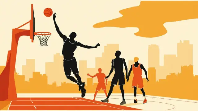 A flat-style action scene of faceless basketball players near a hoop, one driving to dunk against two defenders on a lined court, evoking an NBA comeback moment.