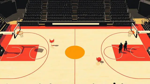 Vue aérienne d'un terrain de basketball en salle vide, avec un ballon au centre et une paire de baskets rouges alignée, prête pour une journée de matchs.