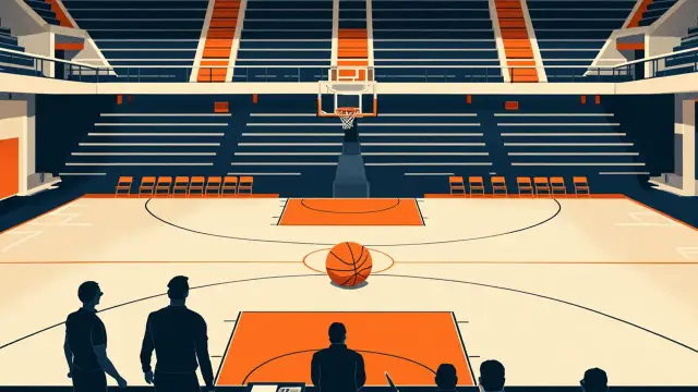 Empty indoor basketball arena seen from above, with a scorer's table, one ball on the court and two silhouettes preparing match fixtures.