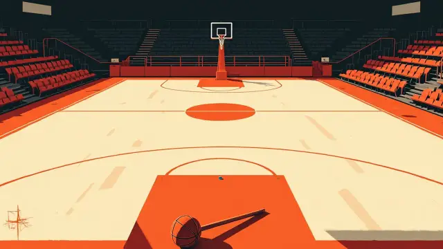 Salle de basketball intérieure vide vue depuis les tribunes, avec un seul ballon et un marteau sur la table des marqueurs, représentant un vote de la direction d'une fédération.